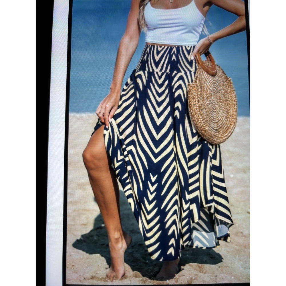 Women's Navy Abstract Smocked Waist Midi Skirt -Cupshe-M-Blue Nautical, Summer